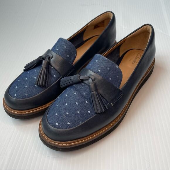 Clarks Glick Castine loafer navy leather with tassel size 6.5 patterned fabric - Picture 7 of 12